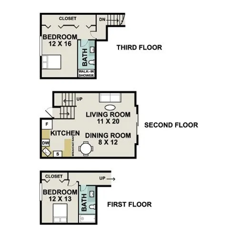 A diagram shows three different floor plans for a house with details on each room.